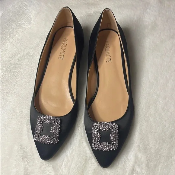 Black Embellished satin Women's Flats - Picture 1 of 9